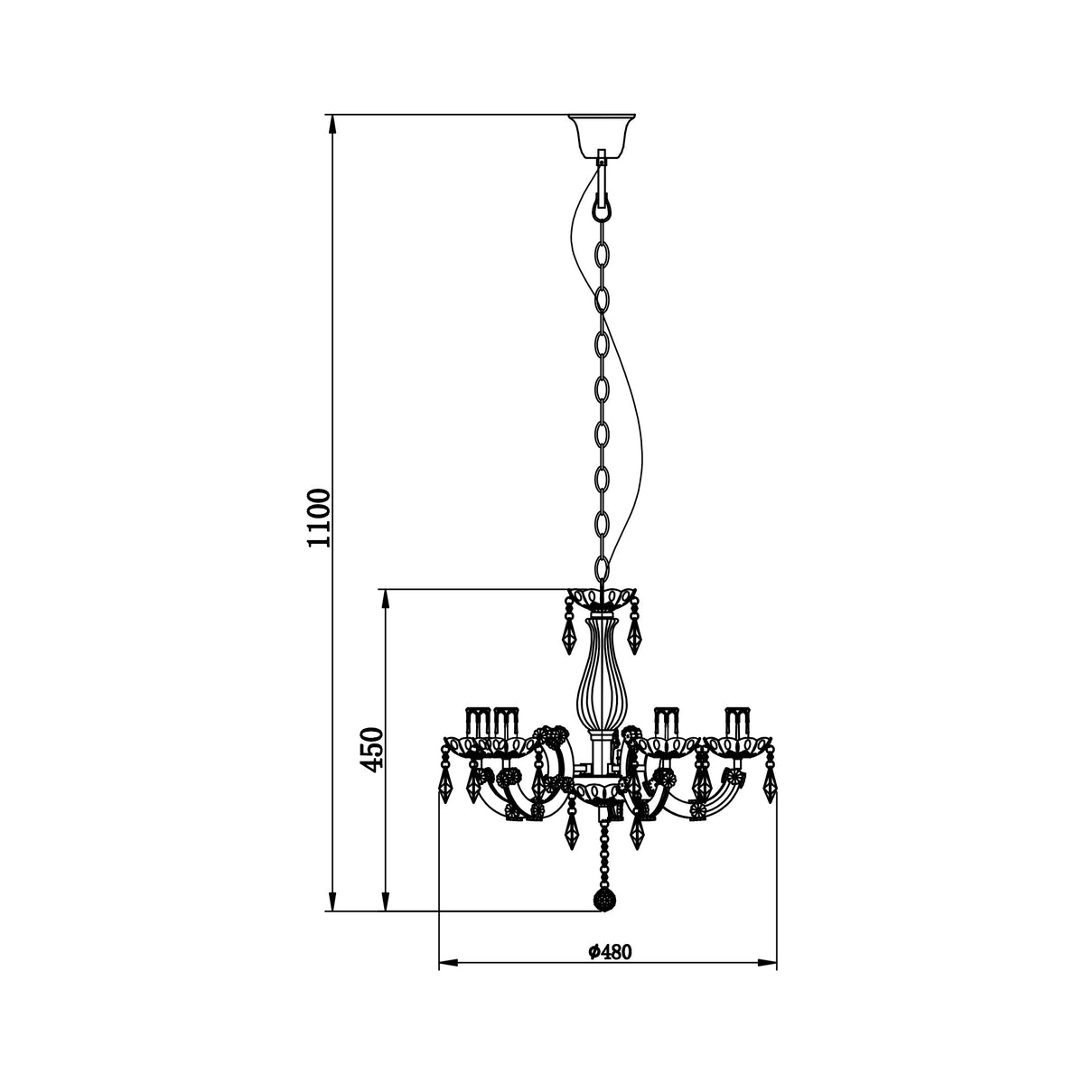 Schéma de dimensions avec hauteur totale 1100 mm et diamètre 450 mm