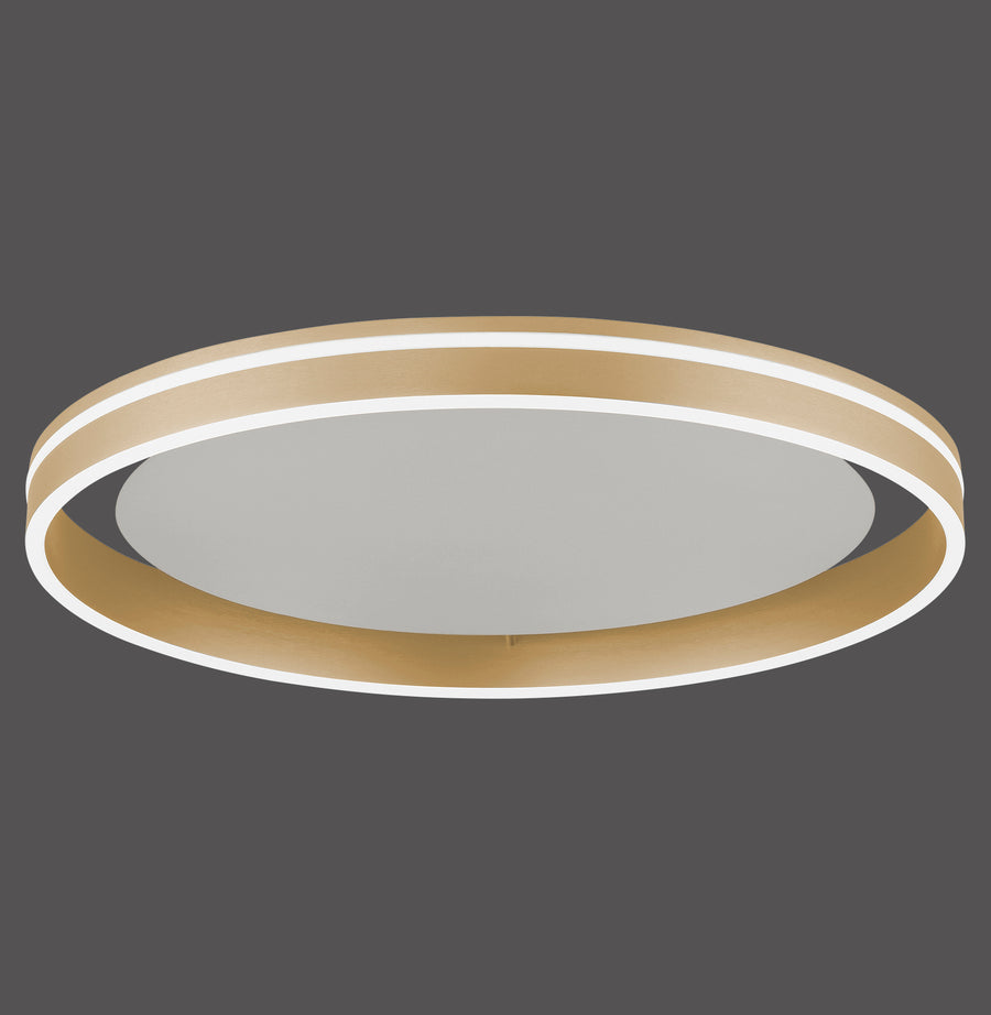 Plafonnier rond vu de face, anneau en laiton mat et diffuseur blanc, fond gris neutre.