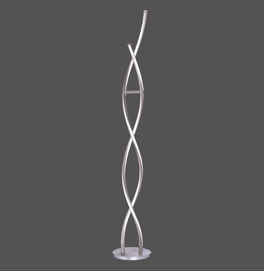 Lampadaire argenté de face, deux tubes courbés entrecroisés sur socle rond