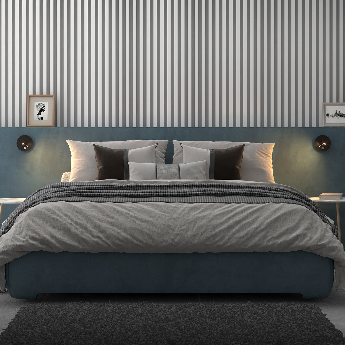 Mise en ambiance d'une chambre avec deux appliques noires de part et d'autre du lit.