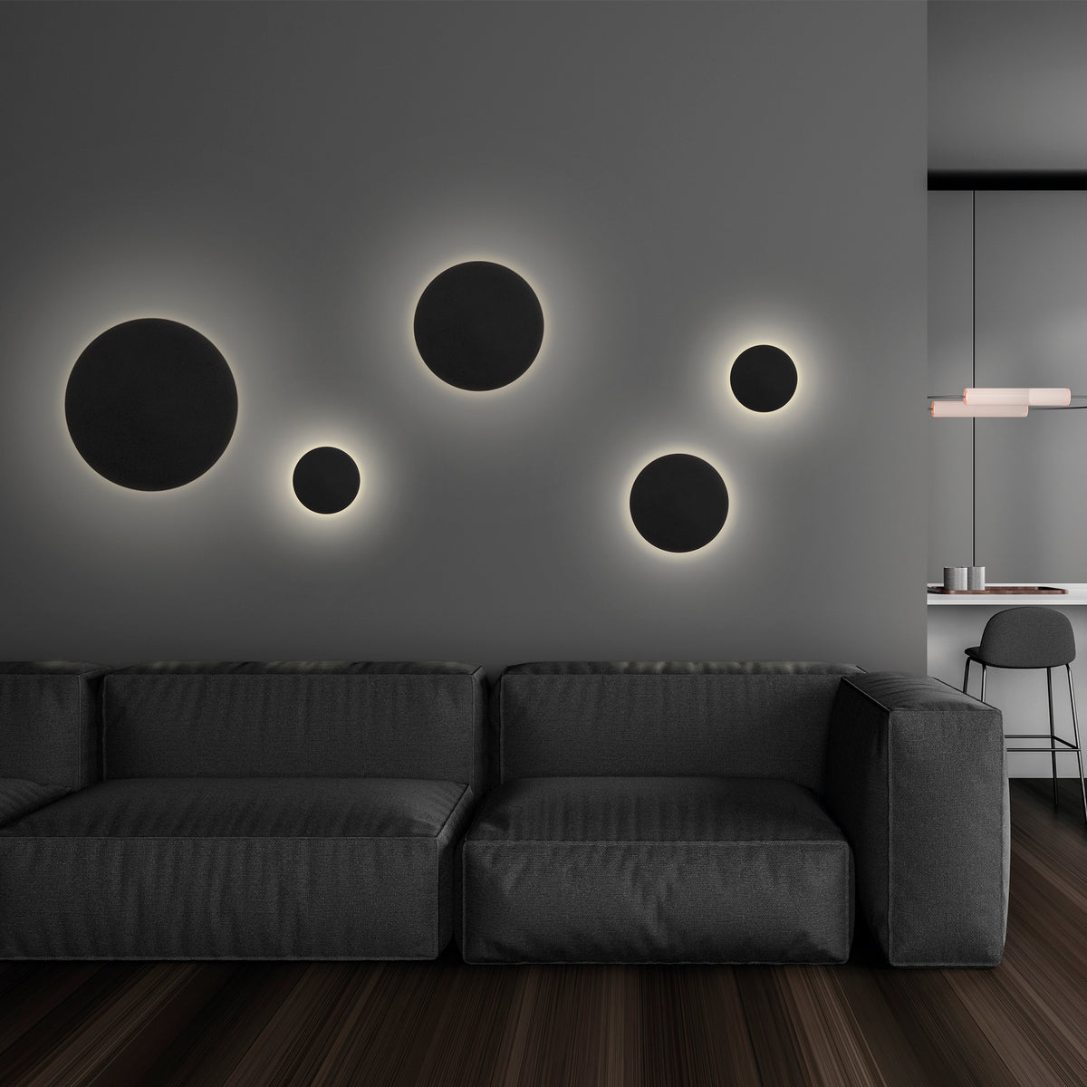 Mise en ambiance de plusieurs disques noirs lumineux sur un mur gris contemporain