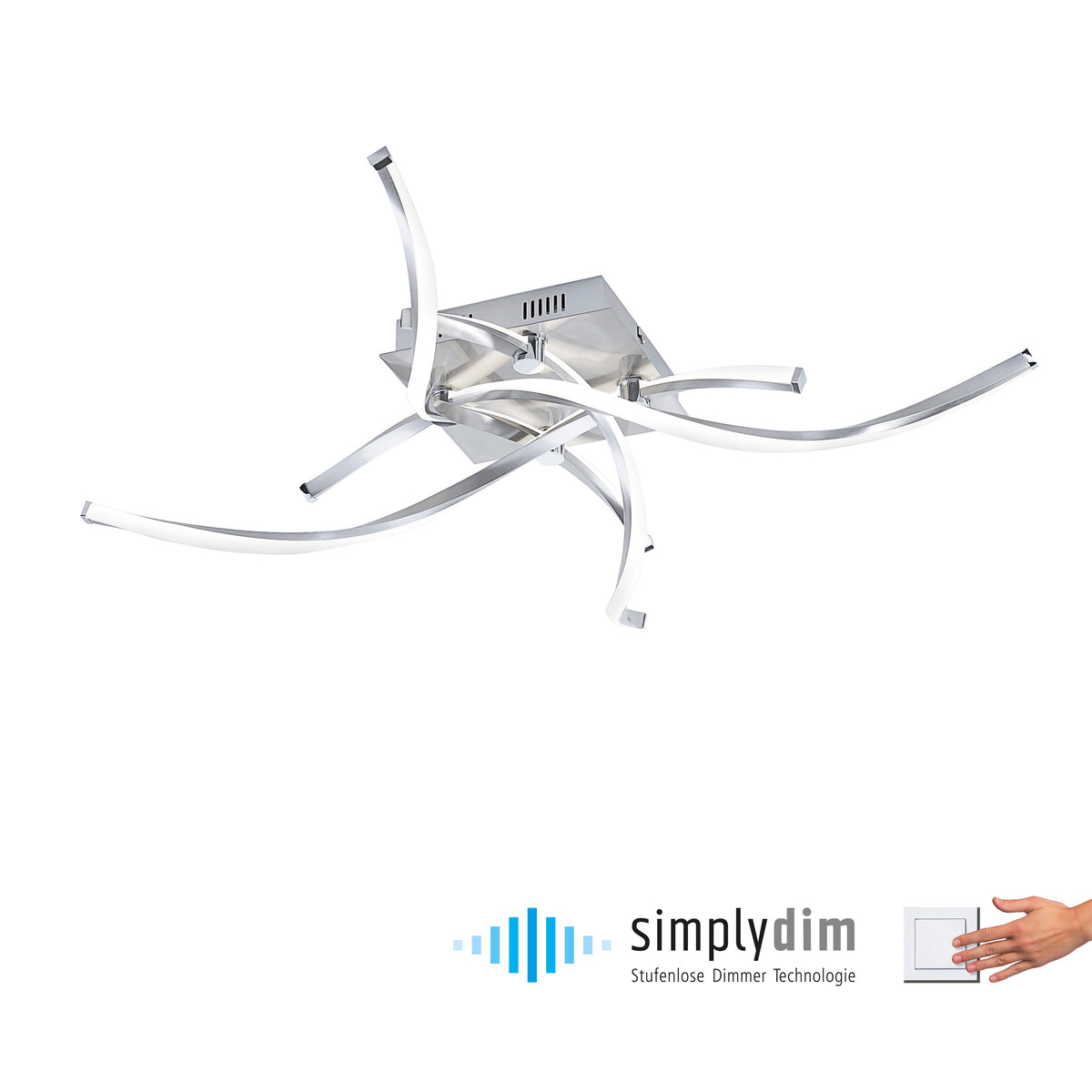 Plafonnier seul avec logo simplydim et main actionnant un interrupteur mural.