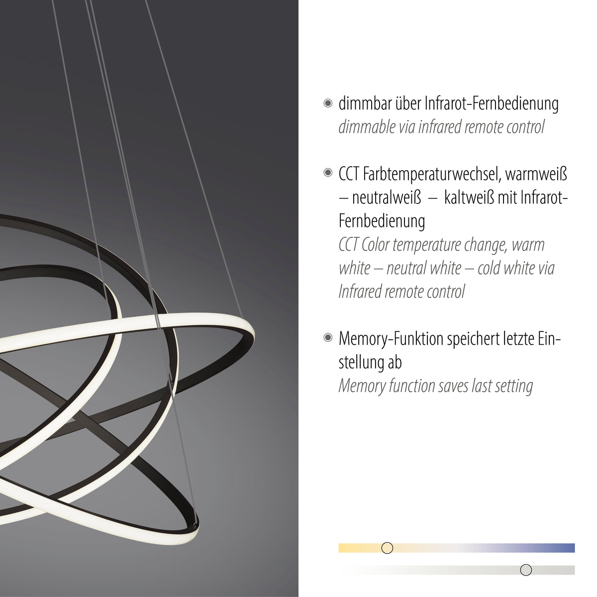 Détail de l'anneau LED blanc et rappel des fonctions variateur, CCT et mémoire.