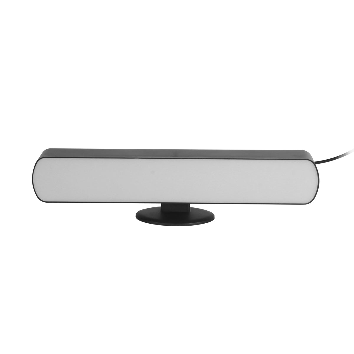 Vue de profil du luminaire couché sur sa base ronde noire, prise visible