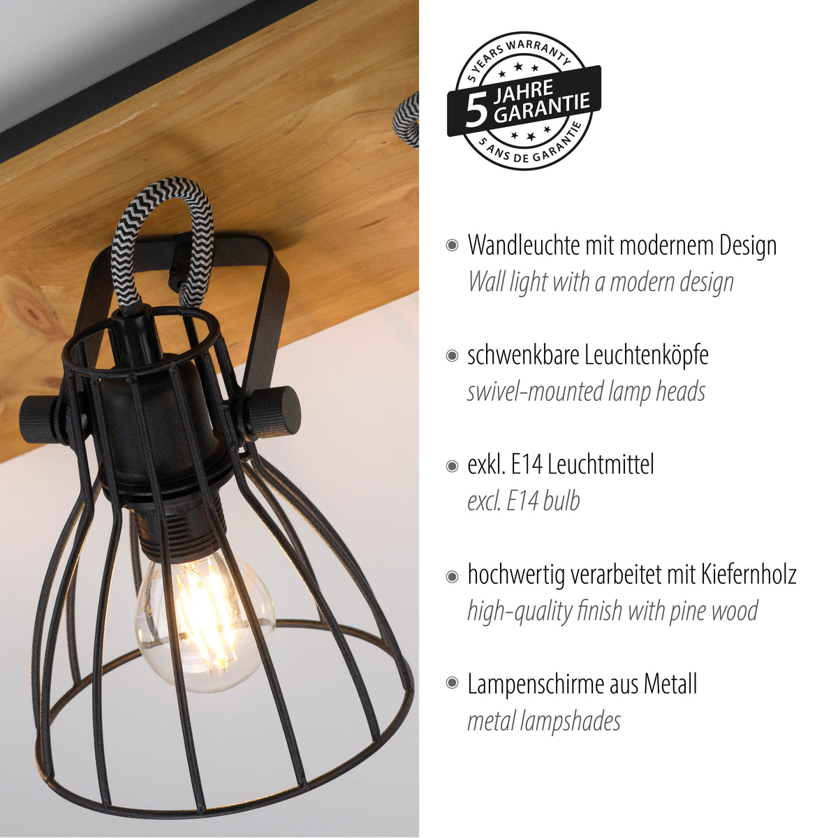 Détail du luminaire avec garantie cinq ans et matériaux bois et métal.