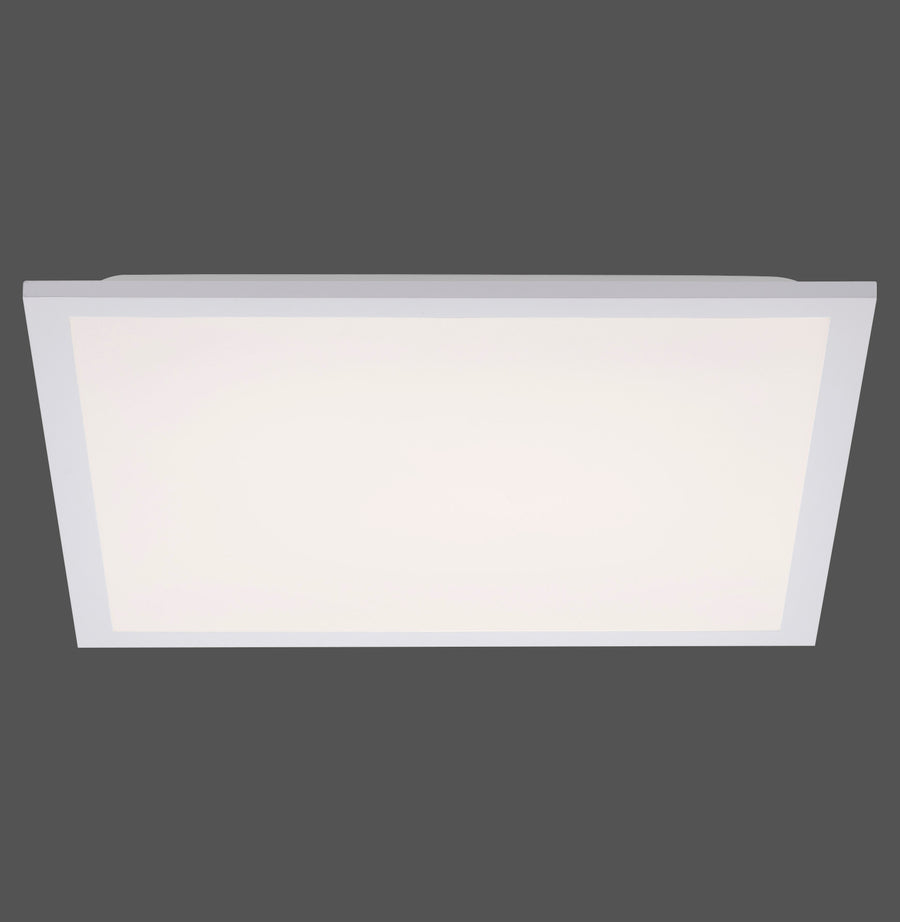 Plafonnier LED blanc rectangulaire photographié de face sur fond gris neutre