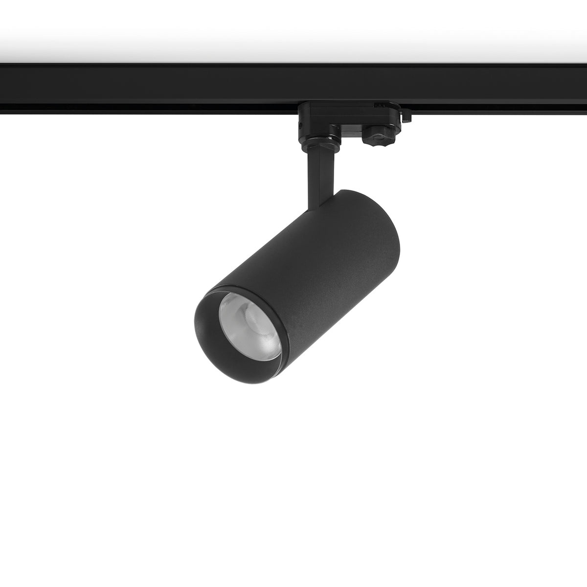 Version noire du spot sur rail, corps cylindrique et collerette orientable en détail.