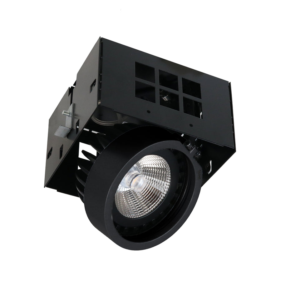 Version noire du spot orientable, détail du module LED et de la collerette.
