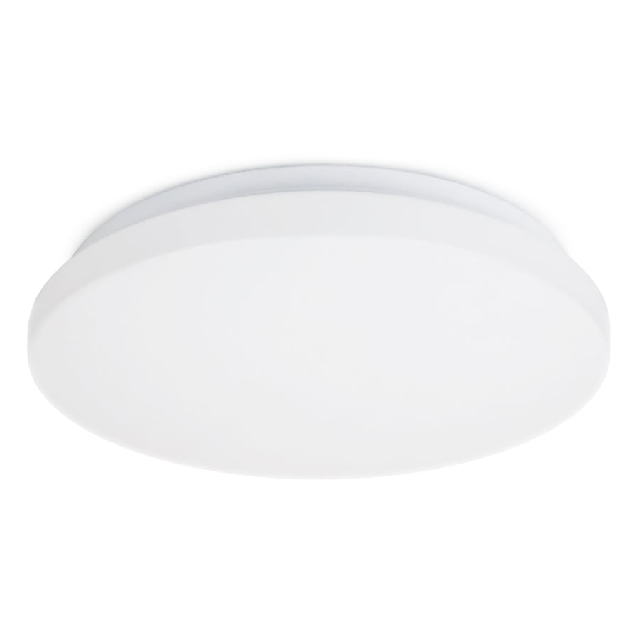 Vue de face du luminaire blanc rond, diffuseur opale et finition lisse.