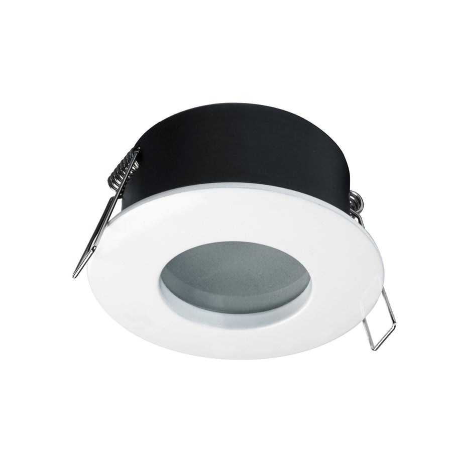 Vue de trois quarts du spot encastrable rond blanc avec collerette et ressorts