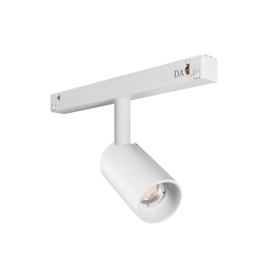Spot blanc sur court rail, tête cylindrique orientable et LED intégrée visible de face.