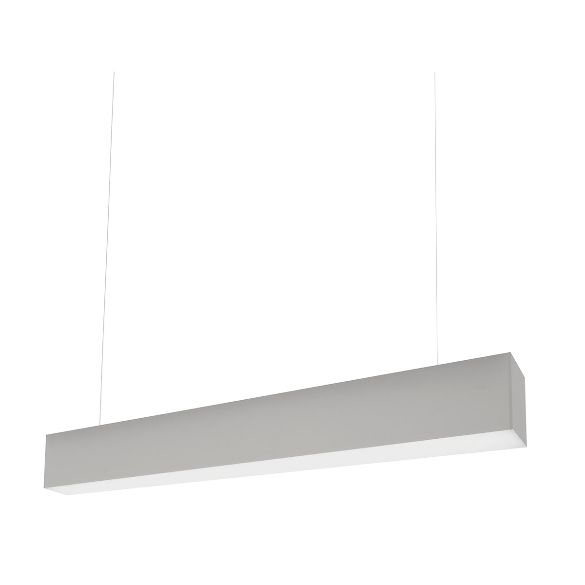 Version grise du luminaire linéaire, vue en perspective avec ses câbles.