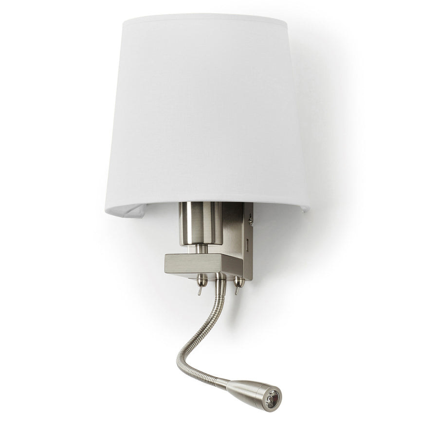Version abat-jour rond blanc avec bras articulé et interrupteurs, vue produit de face