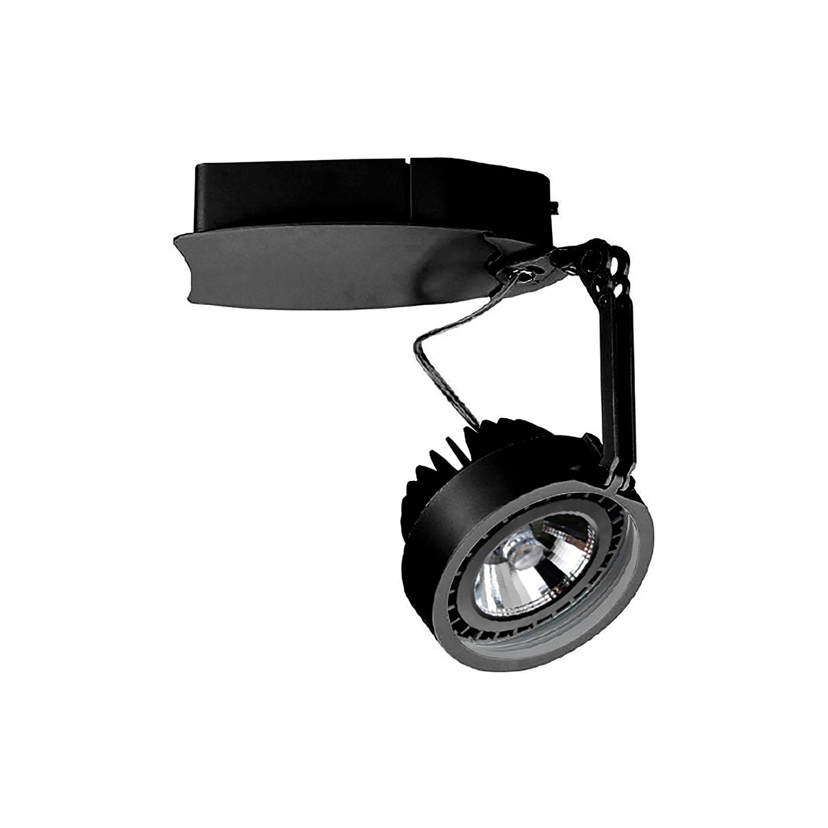 Version noire du spot orientable, vue rapprochée sur la tête et l'articulation