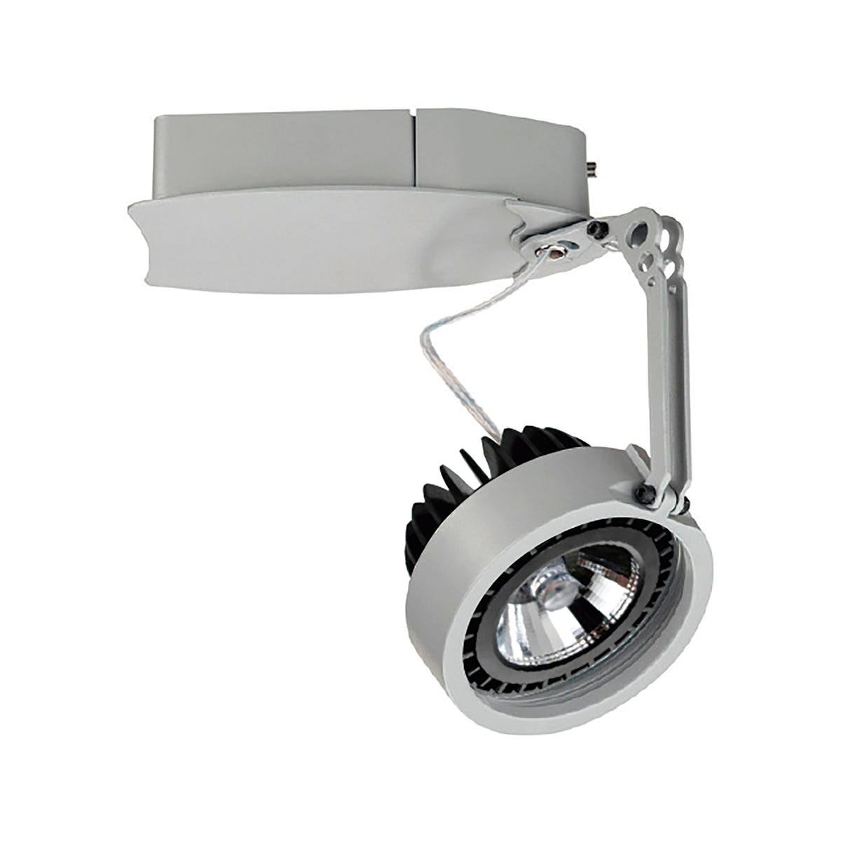 Spot blanc orientable présenté de trois quarts, finition mate et bras réglable