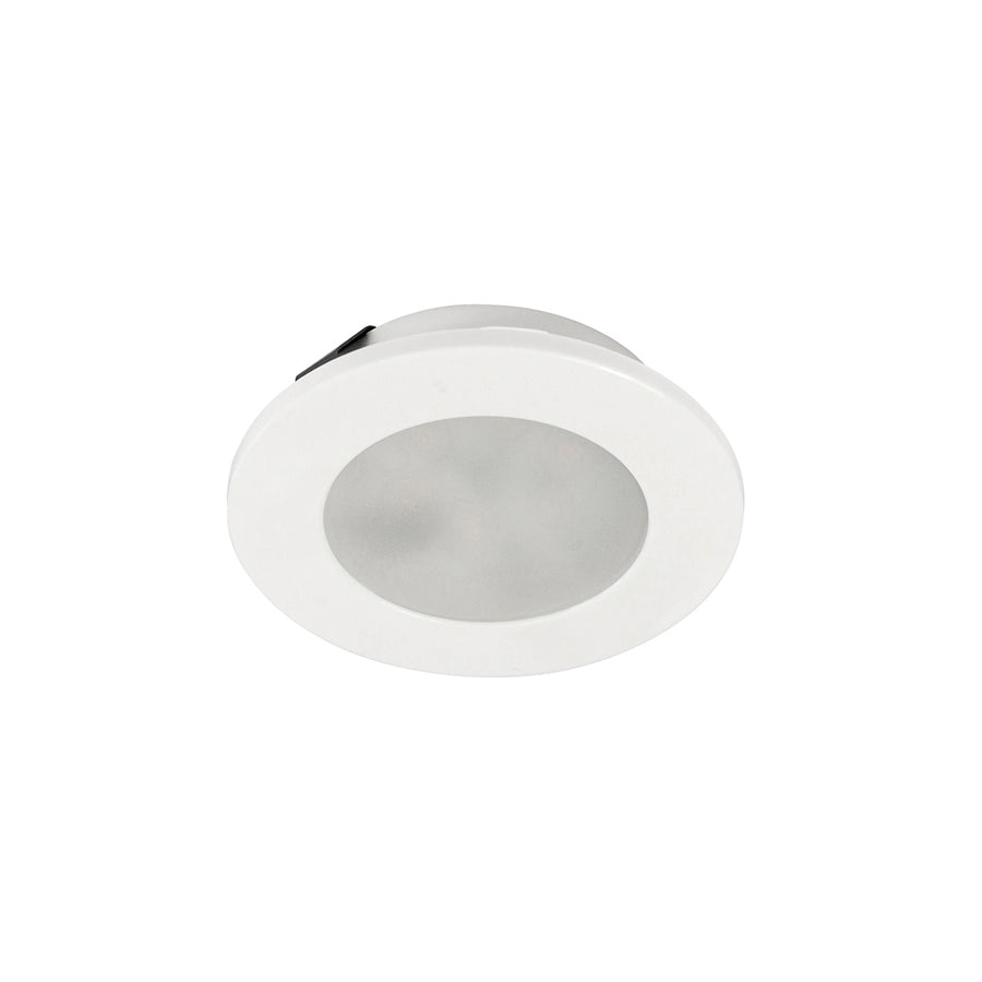 Spot encastrable blanc vu de face, collerette circulaire et diffuseur opale.