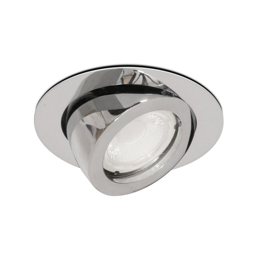 Version chromée brillante du spot, montrant la bague orientable et la lentille.