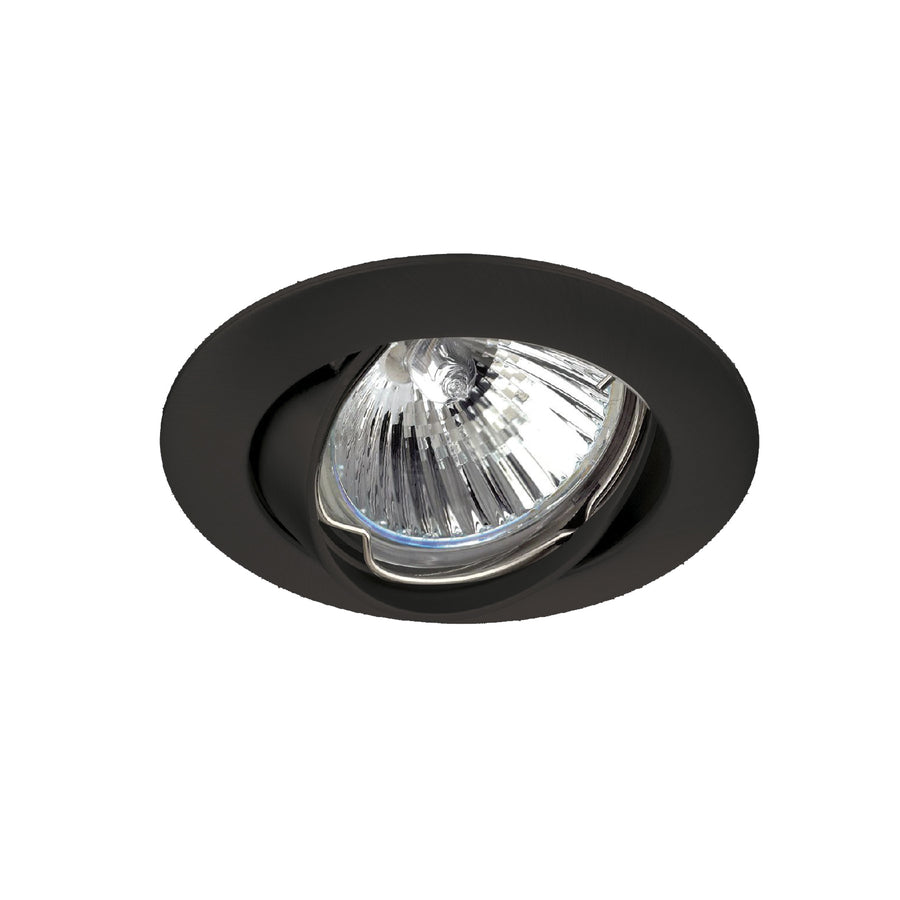 Spot encastrable orientable noir mat, collerette ronde et réflecteur facetté visible.