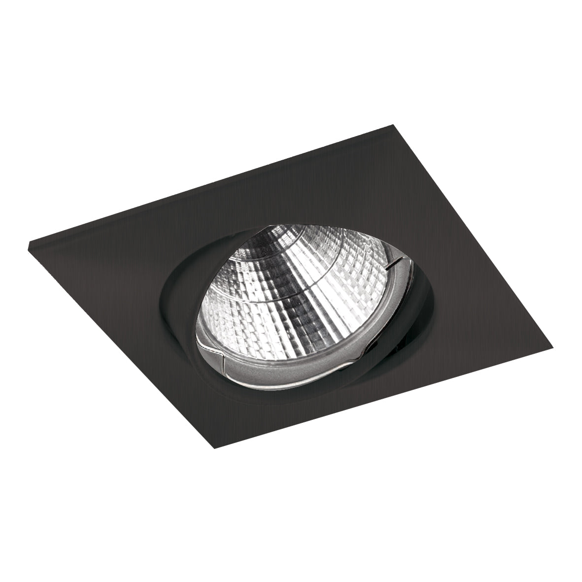 Spot encastrable carré noir, tête orientable et lentille striée vue de près.