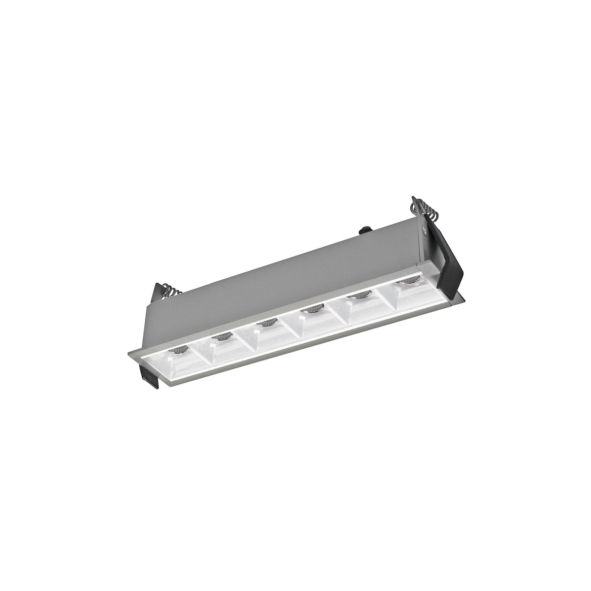 Présentation du modèle gris clair, détaillant la grille lumineuse et le cadre rectangulaire.
