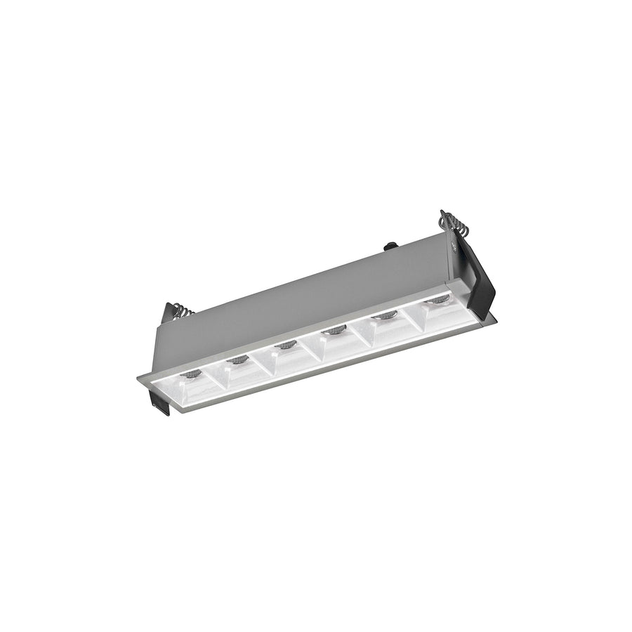 Présentation du modèle gris clair, détaillant la grille lumineuse et le cadre rectangulaire.