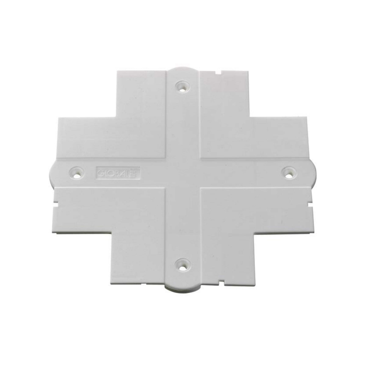 Même connecteur blanc présenté de face, avec le logo moulé au centre.
