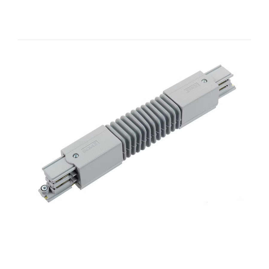 Jonction flexible grise pour rail triphasé, connecteurs et soufflet central visibles