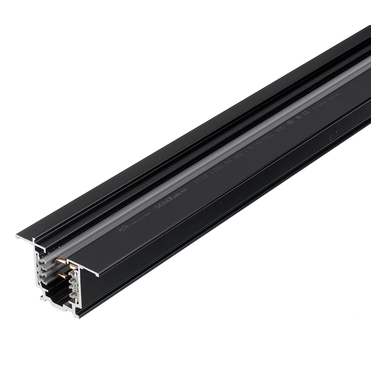 Rail triphasé noir vu en coupe, montrant les connecteurs internes et le profil aluminium.