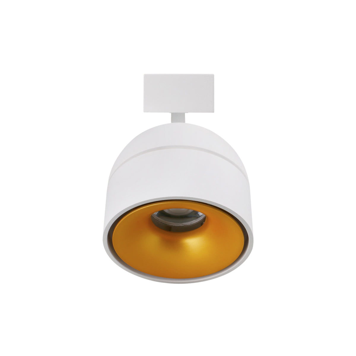 Vue de face d'une applique blanche, réflecteur intérieur doré et LED centrale.