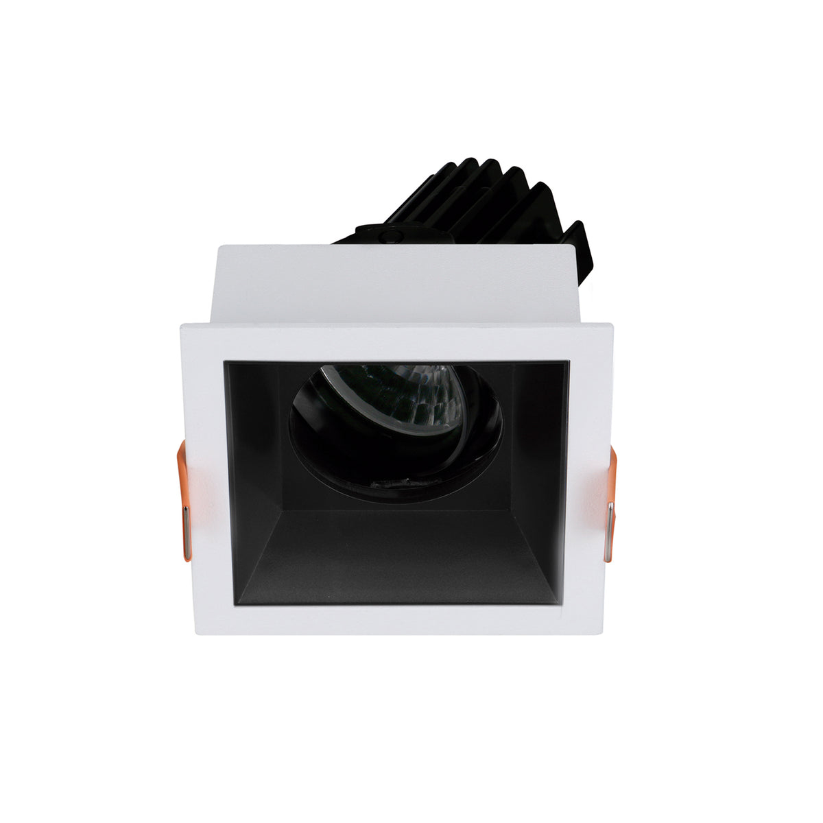 Modèle à réflecteur intérieur noir mat, cadre carré blanc et clips latéraux.