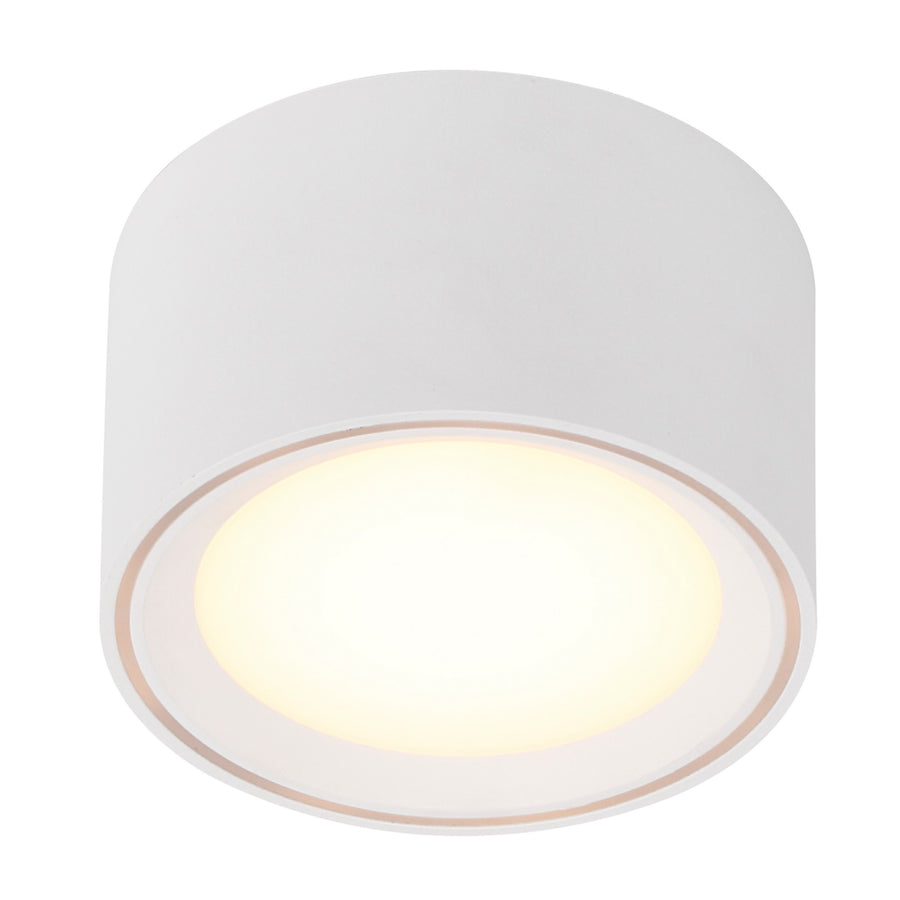 Spot LED blanc en saillie vu de face, éteint, avec liseré rose.