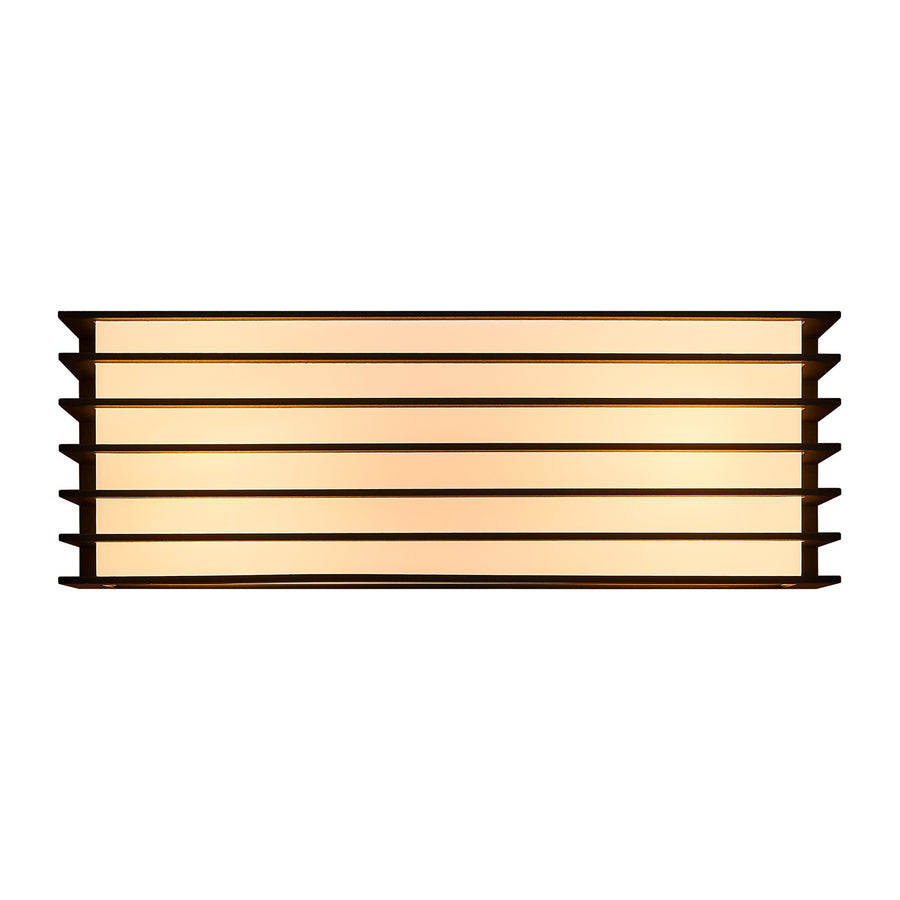 Vue frontale de l'applique rectangulaire noire avec six lattes horizontales et diffuseur lumineux.