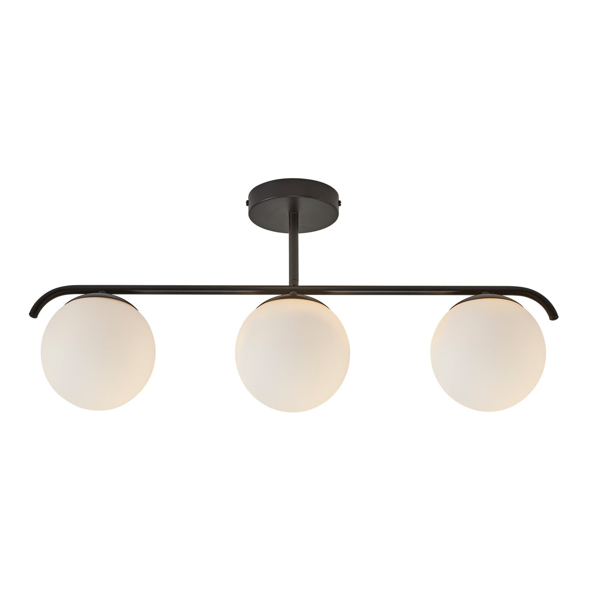 Plafonnier trois globes verre et armature métal noir mat sur fond blanc