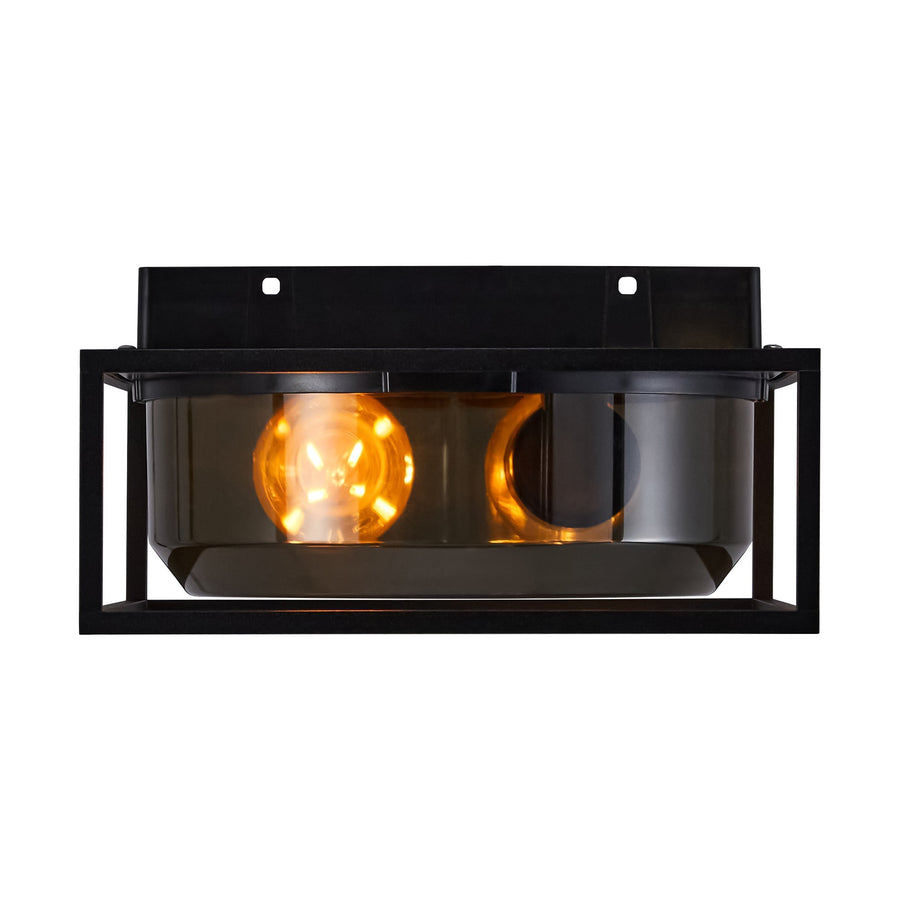 Profil du luminaire : cadre rectangulaire noir et verre fumé cylindrique éclairé