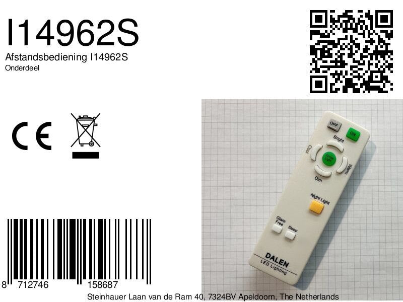 Fiche produit avec code-barres, référence I14962S, logo CE et QR code.