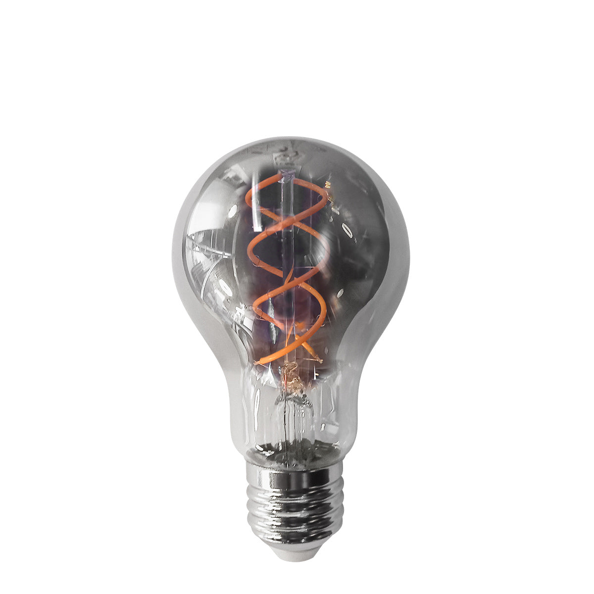 Autre vue de l'ampoule fumée, filament spiral orange sur fond blanc.