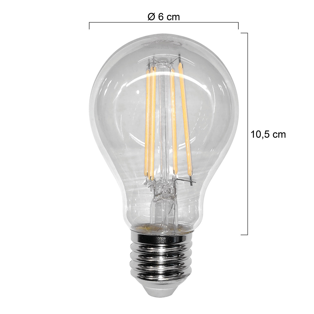 Schéma coté de l'ampoule indiquant un diamètre de 6 cm et une hauteur de 10,5 cm