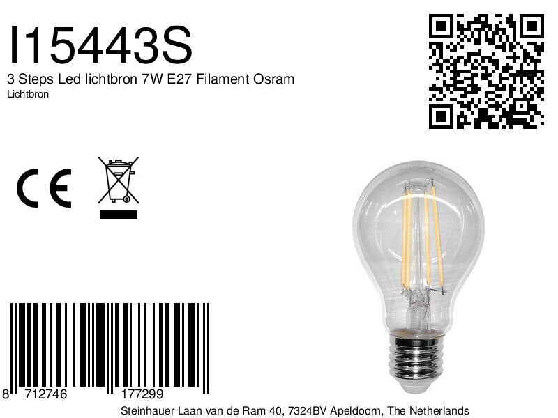 Étiquette produit avec référence I15443S, code-barres, QR code et visuel de l'ampoule