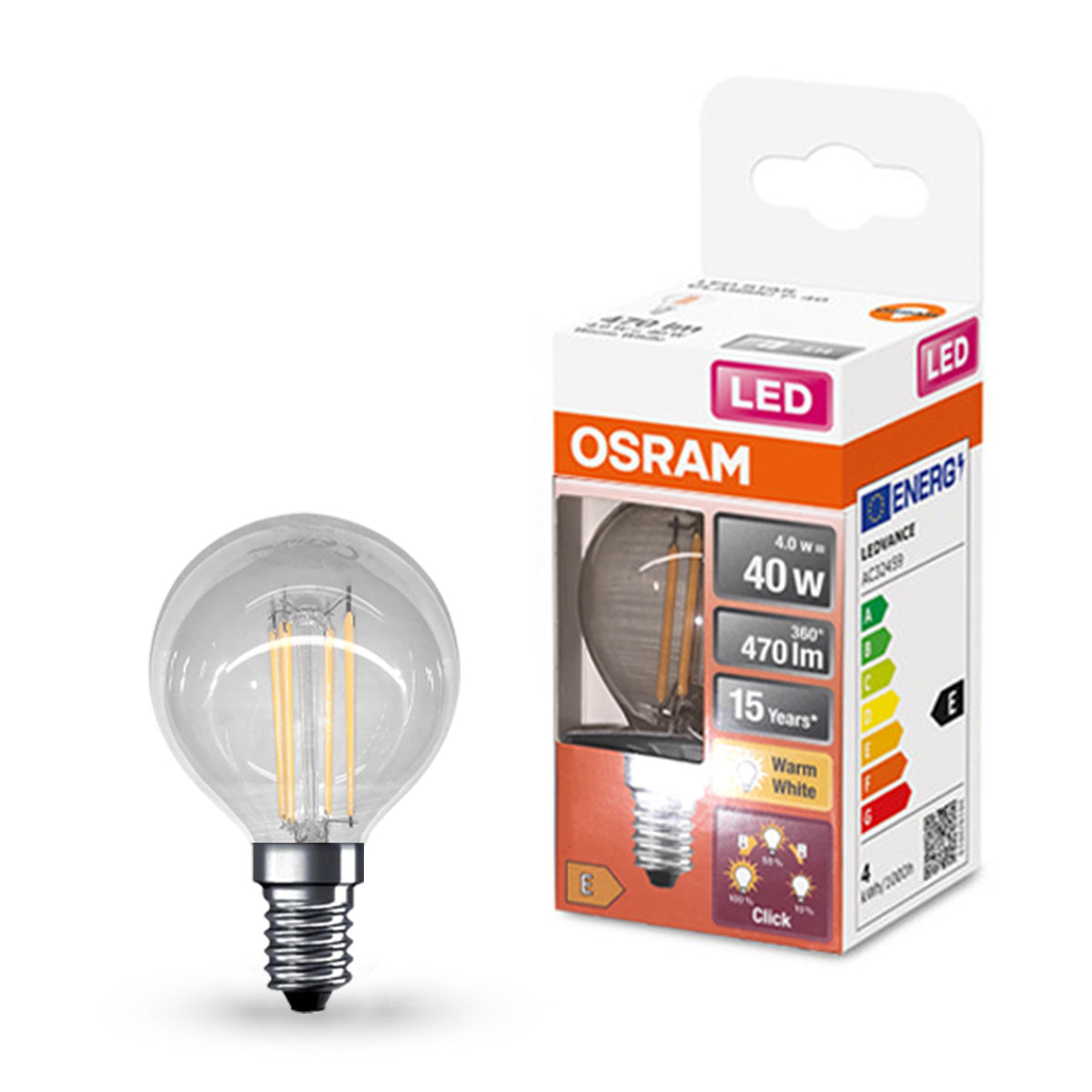 Ampoule LED à filament posée à côté de son emballage OSRAM orange et blanc