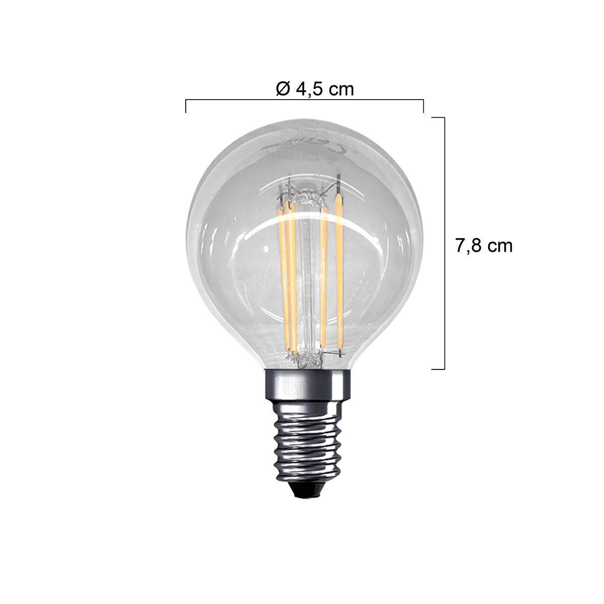 Schéma de dimensions de l'ampoule : diamètre 4,5 cm et hauteur 7,8 cm