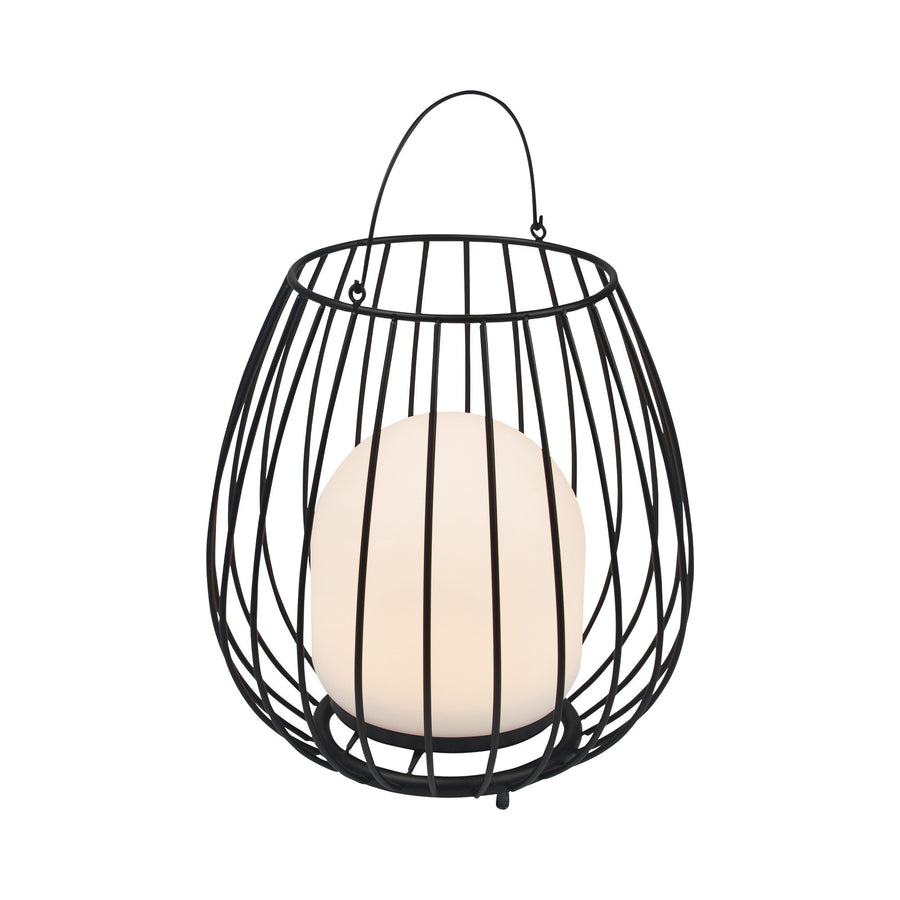 Version noire du luminaire de face, cage fine et diffuseur blanc