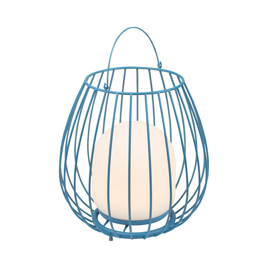 Lampe nomade bleue vue de face, cage métallique et globe blanc opaque