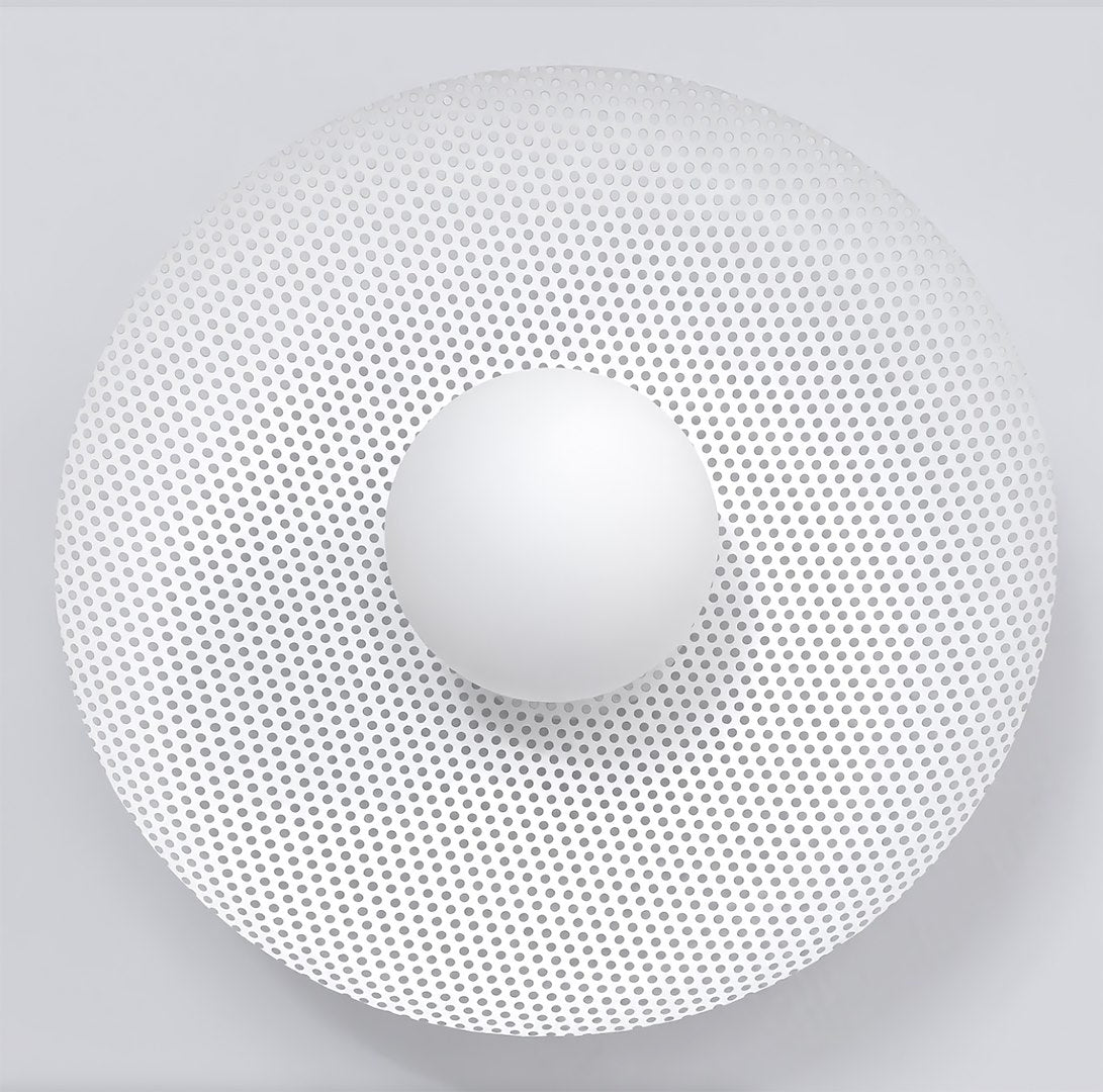 Vue frontale rapprochée détaillant la grille perforée et la sphère lumineuse