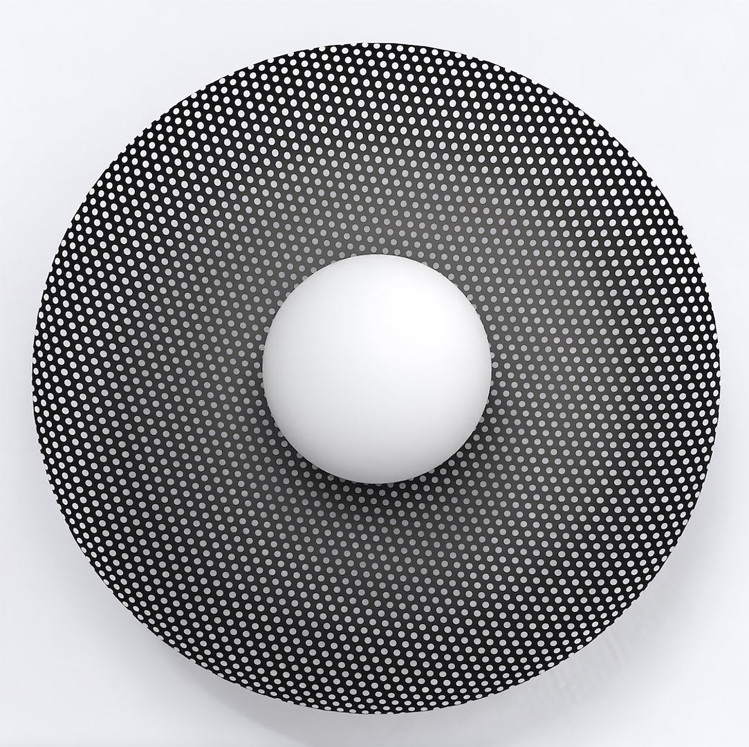 Produit de face, disque rond noir perforé avec diffuseur sphérique blanc en son centre