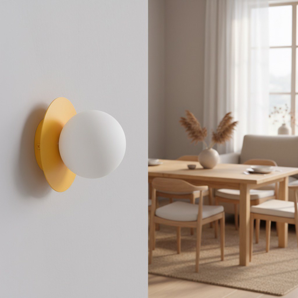 Mise en ambiance dans une salle à manger, applique allumée sur mur blanc.