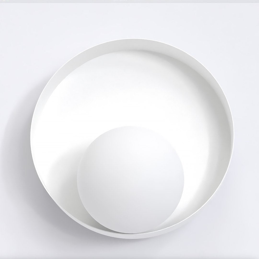 Détail de face du grand disque blanc et de la sphère centrale lumineuse