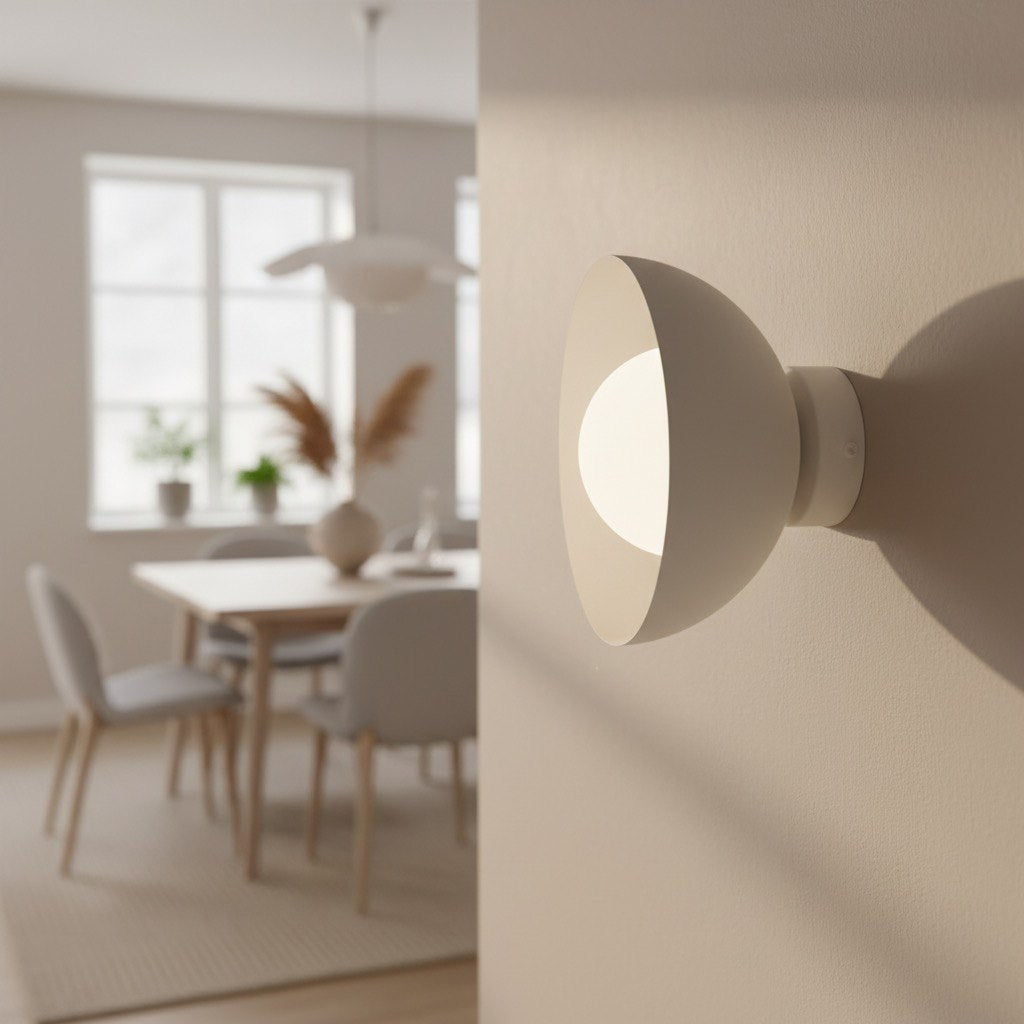 Mise en ambiance dans une salle à manger, applique allumée au mur près de la table