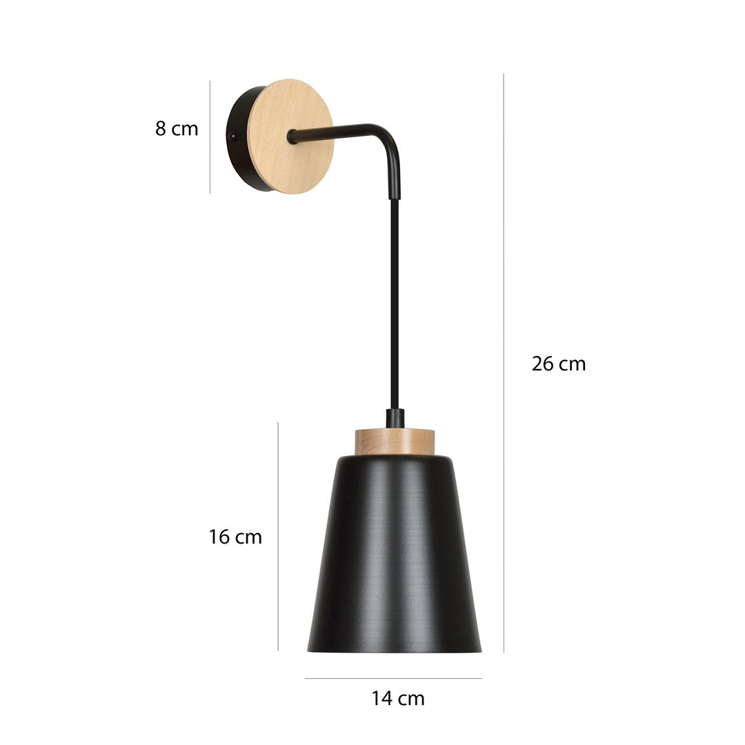 Schéma de dimensions coté : platine 8 cm, hauteur 26 cm, abat-jour 16 cm, largeur 14 cm.