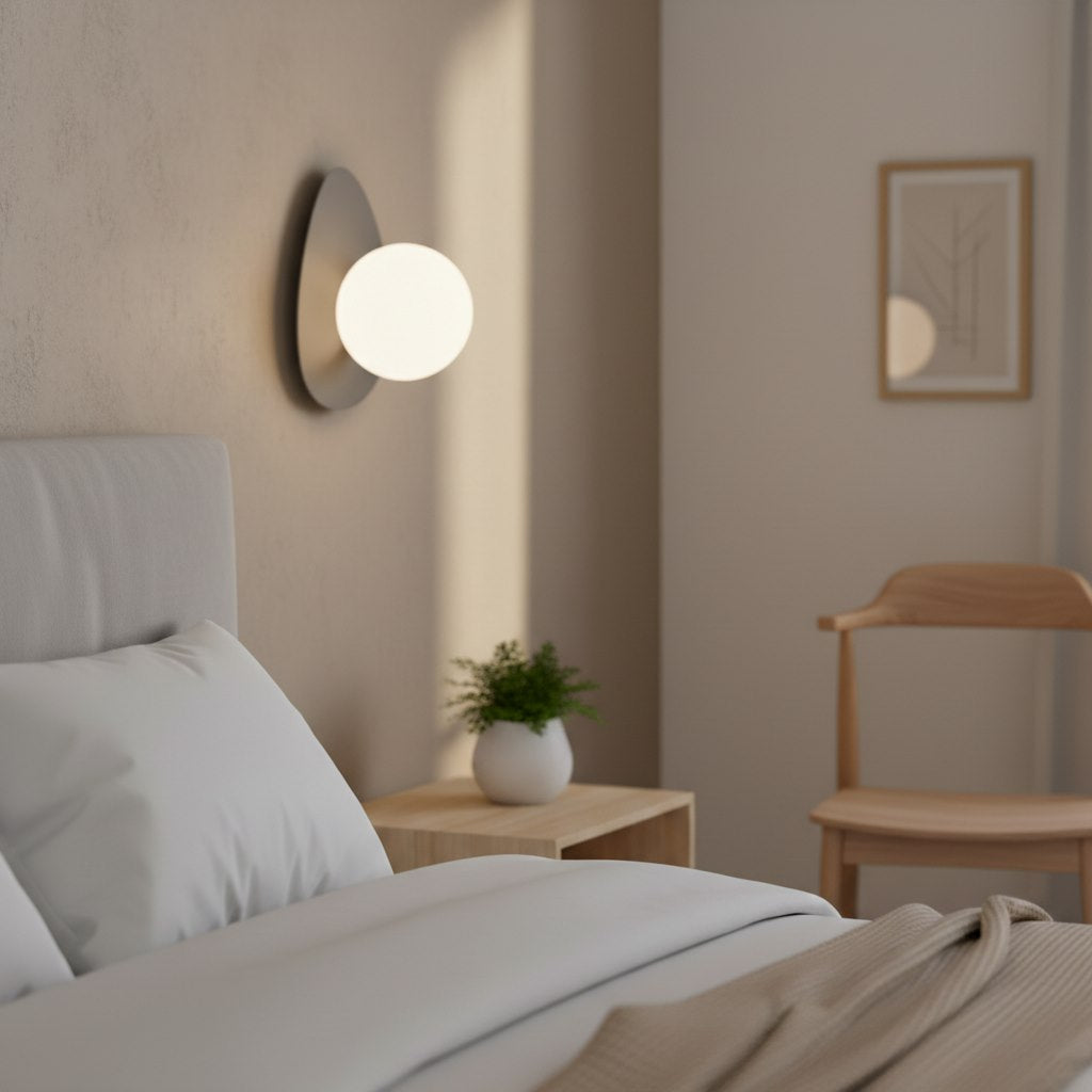 Mise en ambiance dans une chambre, applique allumée au-dessus de la table de chevet