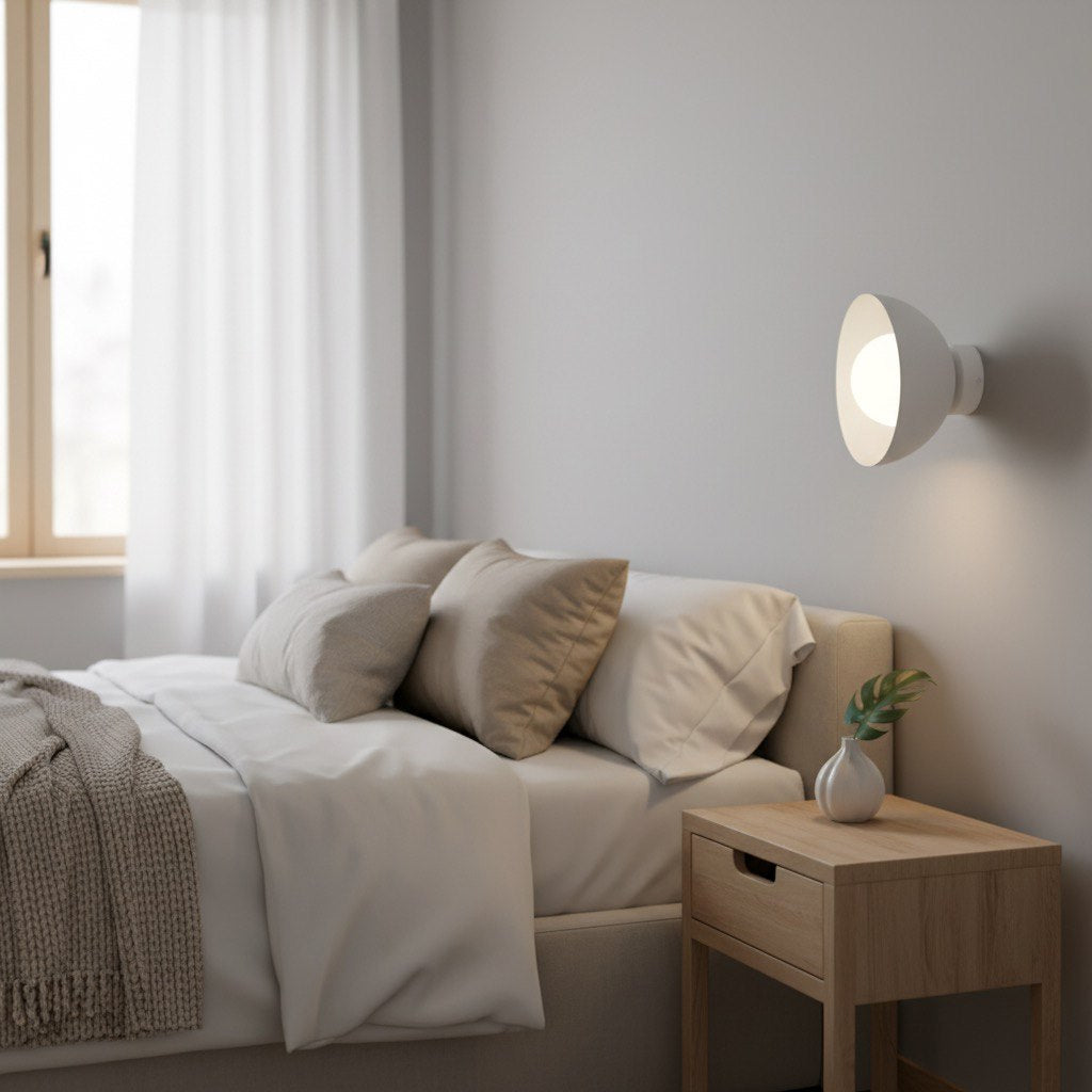 Mise en ambiance chambre avec lit, applique murale allumée au-dessus de la table de nuit